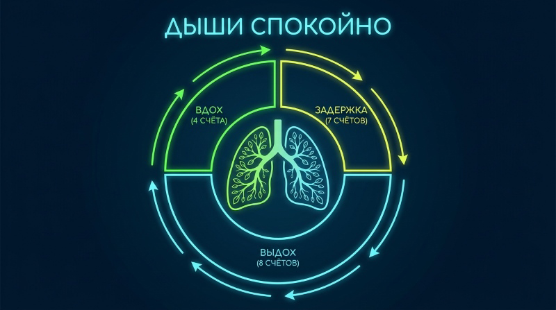 Схема дыхания 'Дыши спокойно': вдох (4 счета), задержка (7 счетов), выдох (8 счетов) с изображением лёгких в центре.