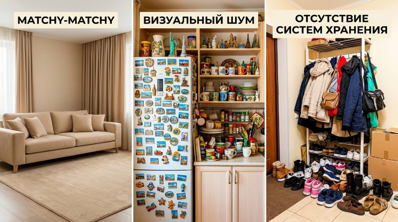 Три ошибки в интерьере: слева — избыток оттенков бежевого (matchy-matchy), в центре — визуальный шум от перегруженного холодильника и открытых полок, справа — отсутствие системы хранения с разбросанной обувью и одеждой