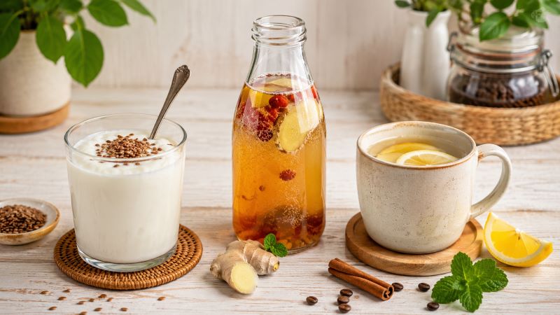 Напитки для здоровья кишечника: йогурт, чай с лимоном и имбирный напиток на столе