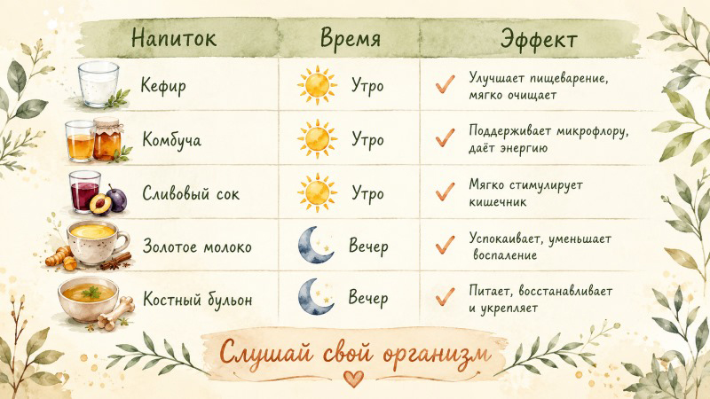 аблица напитков для здоровья кишечника: кефир, комбуча, сливовый сок, золотое молоко, костный бульон
