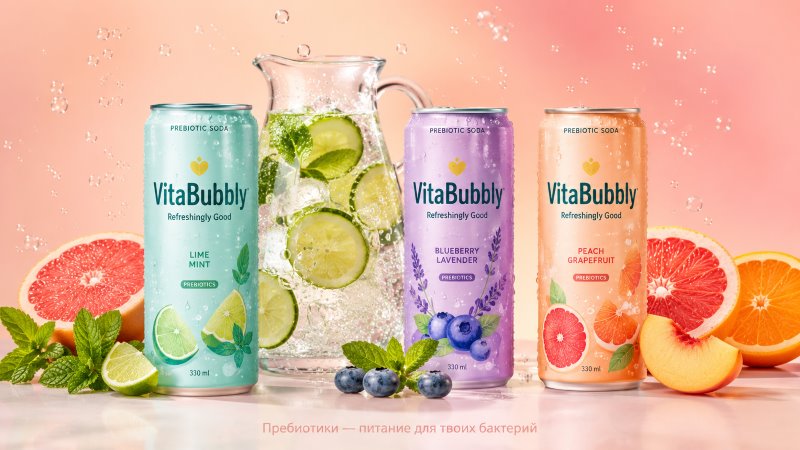 Напитки VitaBubbly с пребиотиками: лайм-мята, черника-лаванда, персик-грейпфрут