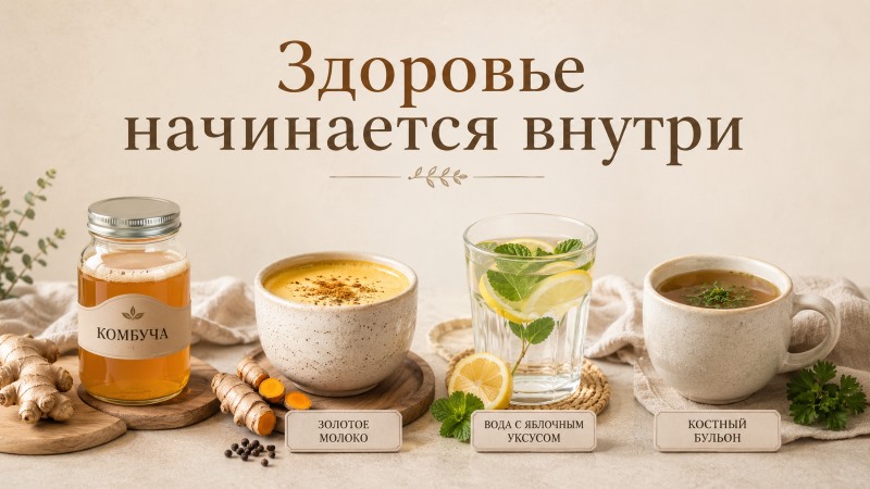 Здоровые напитки: комбуча, золотое молоко, вода с яблочным уксусом, костный бульон.