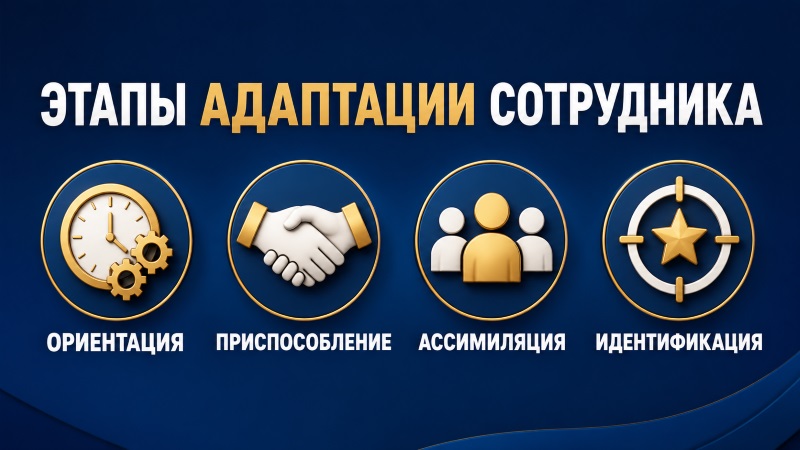 Инфографика этапов адаптации сотрудника: ориентация, приспособление, ассимиляция, идентификация.