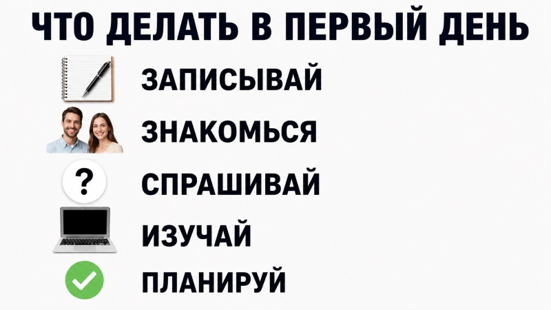 Инфографика-памятка: что делать в первый день на новой работе, 5 полезных шагов.