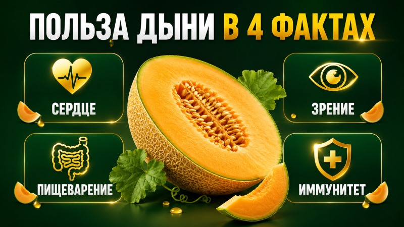 Инфографика польза дыни: сердечно-сосудистая система, зрение, ЖКТ и иммунитет в 4 фактах.