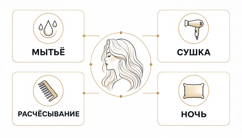 Ежедневный уход за волосами: мытьё, сушка, расчёсывание, ночь
