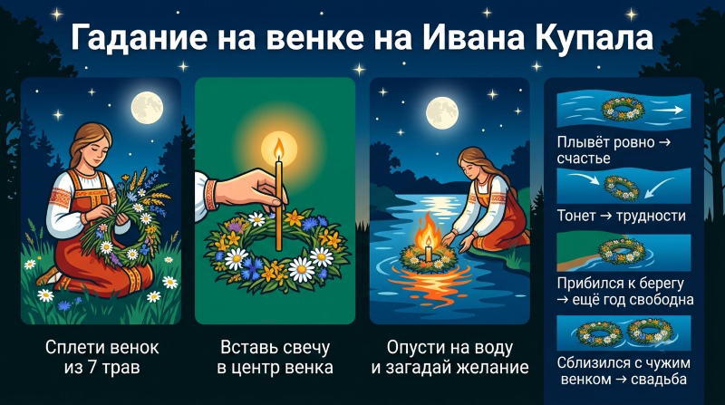 Инфографика: традиции гаданий на Ивана Купала — сплетение венков из 7 трав, вставление свечи в центр венка, опускание на воду с загадыванием желания, а также толкование результатов (плывёт ровно — к счастью, тонет — к трудностям, приблизился к берегу — год свободна, сблизился с чужим венком — к свадьбе)