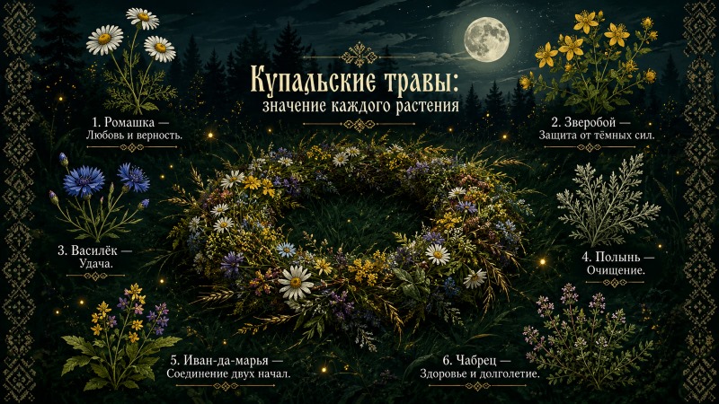 Купальские травы и их значение: ромашка (любовь и верность), зверобой (защита от тёмных сил), васильок (удача), полынь (очищение), Иван-да-марья (соединение двух начал), чабрец (здоровье и долголетие) на фоне ночного леса и полной луны.