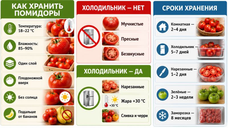 Инфографика о правилах и сроках хранения помидоров дома.