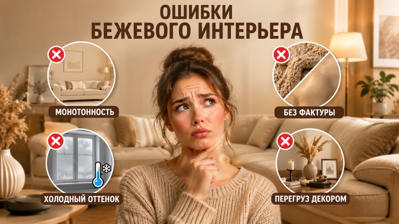 Женщина в бежевой гостиной с ошибками в интерьере.