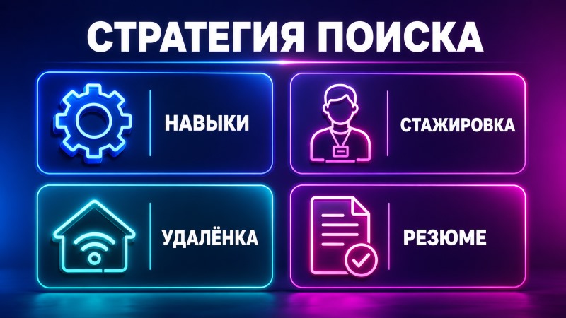 Инфографика «Стратегия поиска»: навыки, стажировка, удаленка и резюме. Неоновые иконки для статьи о трудоустройстве