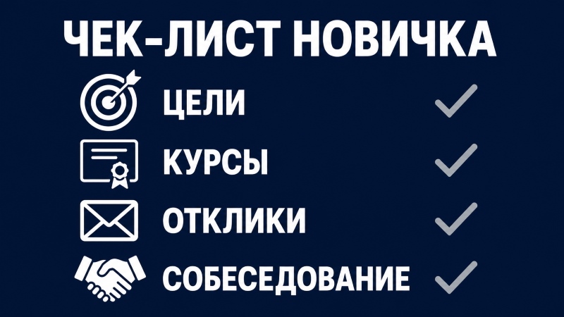 Чек-лист новичка по трудоустройству: цели, курсы, отклики, собеседование. Схема для статьи о поиске работы