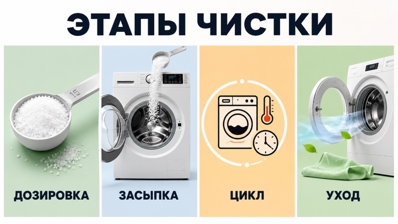 Этапы чистки стиральной машины: дозировка, засыпка, цикл, уход