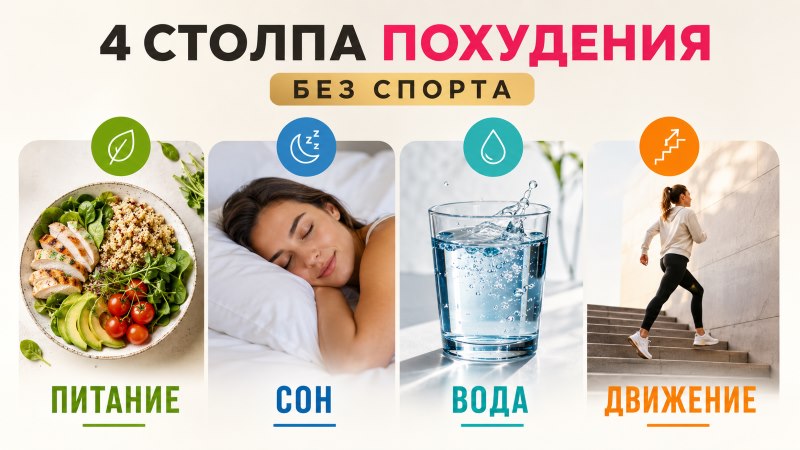 4 столпа похудения без спорта: питание, сон, вода, движение