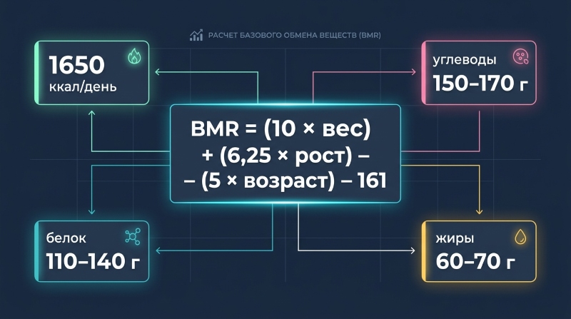 Инфографика с формулой расчёта базового обмена веществ (BMR): BMR = (10 × вес) + (6,25 × рост) – (5 × возраст) – 161. Указаны примерные значения: 1650 ккал/день, белок 110–140 г, углеводы 150–170 г, жиры 60–70 г.