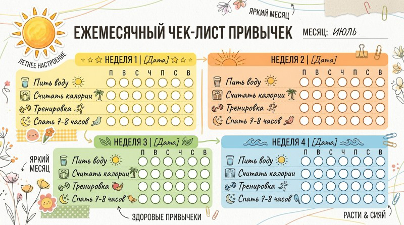 Ежемесячный чек-лист привычек на июль: четыре недели с ежедневными задачами — пить воду, считать калории, тренироваться и спать 7–8 часов. Дизайн в ярких летних тонах с иллюстрациями солнца, цветов и фруктов