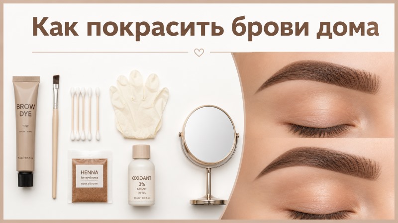 Набор для окрашивания бровей дома: краска, кисточка, ватные палочки, перчатки, окислитель, зеркало и результат — аккуратные окрашенные брови