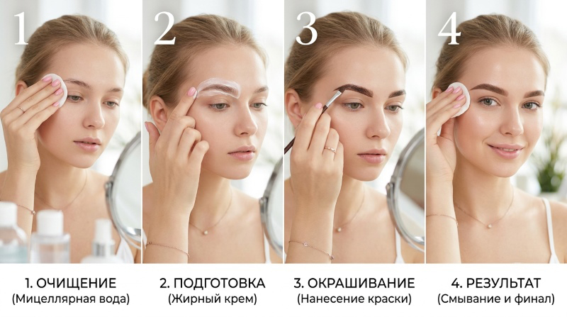Пошаговое окрашивание бровей в домашних условиях: очищение мицеллярной водой, подготовка жирным кремом, нанесение краски и финальное смывание