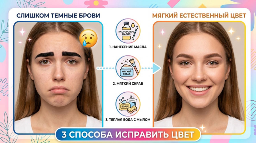 3 способа исправить цвет бровей: от слишком темных до мягкого естественного оттенка с помощью масла, мягкого скраба и теплой воды с мылом