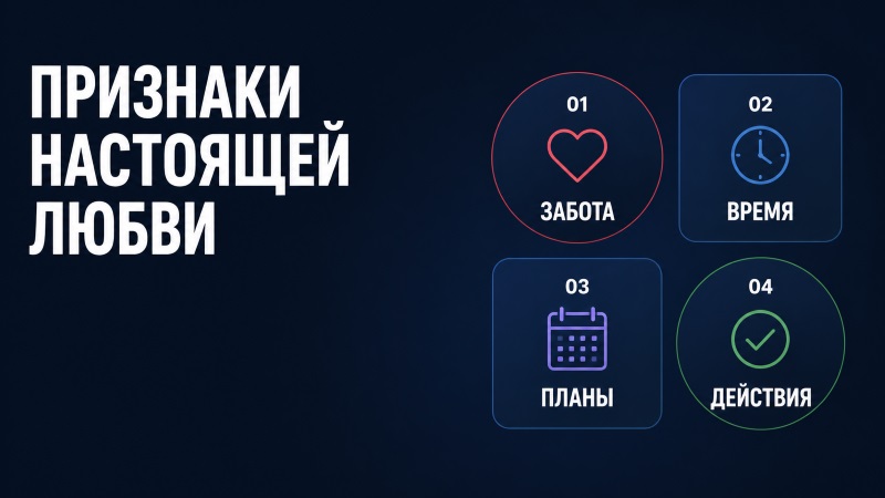 Инфографика с 4 признаками настоящей любви: забота, время, планы и действия.