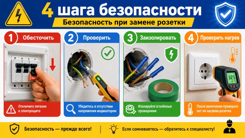 4 шага безопасности при замене розетки