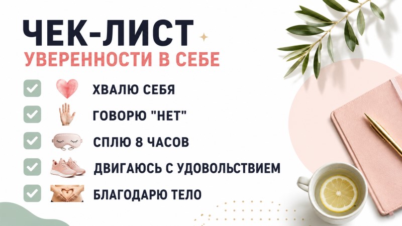 Чек-лист уверенности в себе: хвалю себя, говорю 'нет', сплю 8 часов, движусь, благодарю тело