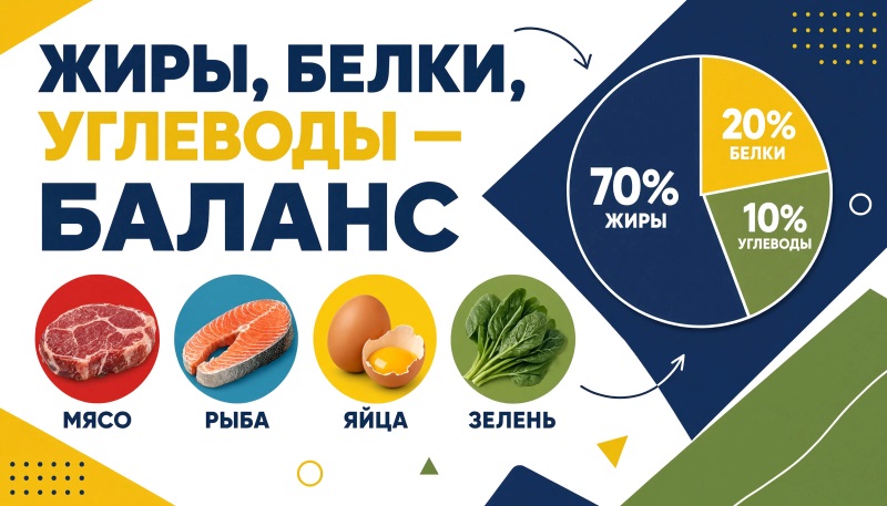 Баланс кето: 70% жиры, 20% белки, 10% углеводы — мясо, рыба, яйца, зелень