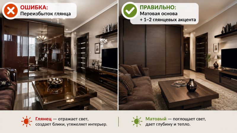 Ошибка и правило использования коричневого в интерьере: глянец vs матовый