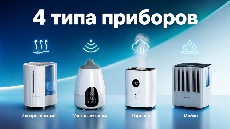 Инфографика 4 типа увлажнителей воздуха: испарительный, ультразвуковой, паровой и мойка