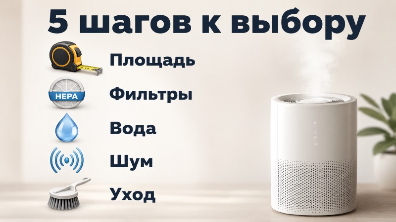 Инфографика 5 шагов к выбору увлажнителя воздуха с иконками критериев