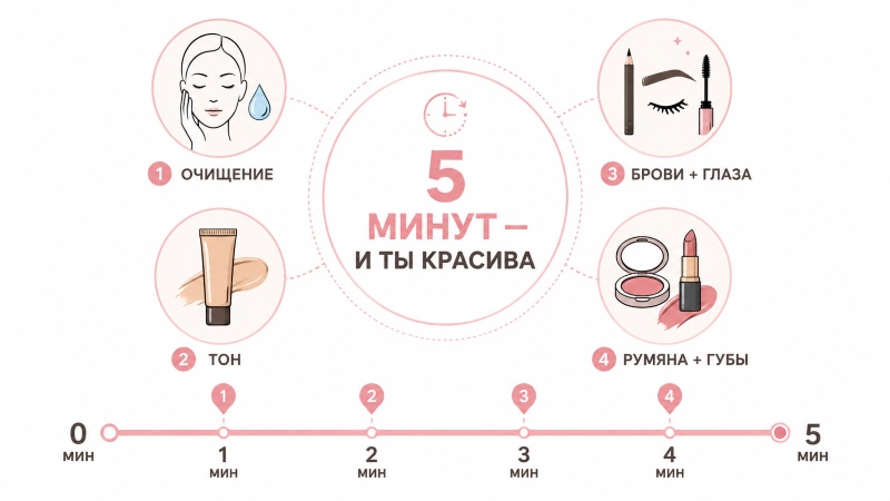 Инфографика с пошаговой схемой макияжа за 5 минут: очищение, тон, брови и глаза, румяна и губы