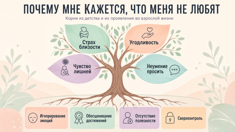 Дерево с листьями, на которых написаны причины чувства «Меня никто не любит»