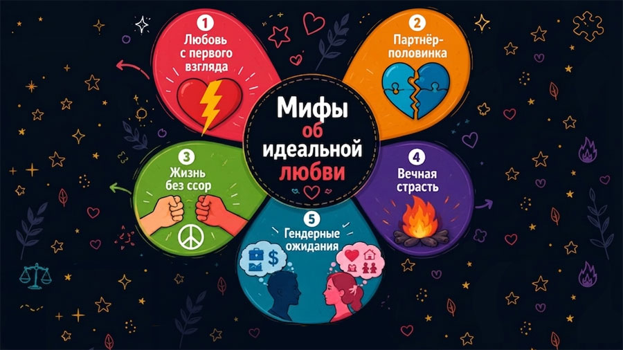 Инфографика Мифы об идеальной любви, окруженная распространенными мифами