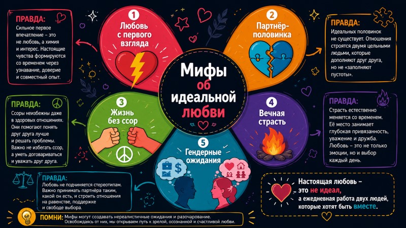Инфографика с центральным заголовком 'Мифы об идеальной любви', окруженная шестью цветными кругами, каждый из которых разоблачает распространенные мифы: любовь с первого взгляда, партнер-половинка, жизнь без ссор, вечная страсть, гендерные ожидания. Внизу — вывод о том, что идеальная любовь — это миф, а реальная любовь требует работы и компромиссов.