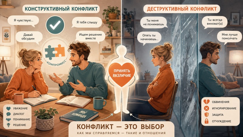 Инфографика, сравнивающая конструктивный и деструктивный конфликты в отношениях. Слева: пара обсуждает проблему за столом, используя уважение, диалог и поиск решений. Справа: пара игнорирует друг друга, что приводит к обвинениям, игнорированию, защите и отчуждению. В центре — призыв принимать различия и выбирать конструктивный подход.