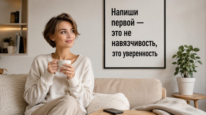 Женщина пьёт чай на диване под плакатом "Напиши первый — это не навязчивость, это уверенность"