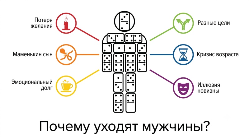 Схема причин, по которым мужчины уходят от хороших женщин: потеря желания, маменькин сын, эмоциональный долг, разные цели, кризис возраста, иллюзия новизны. В центре — фигура из домино