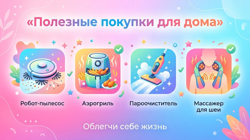 Иллюстрация к статье «Полезные покупки для дома»: робот-пылесос, аэрогриль, пароочиститель и массажер для шеи на ярком фоне.