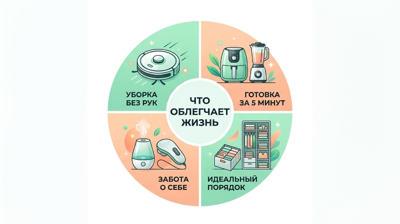 Иллюстрация «Что облегчает жизнь»: робот-пылесос для уборки без рук, мультиварка для быстрой готовки, увлажнитель воздуха и паровая швабра для ухода за собой, а также система хранения для идеального порядка.