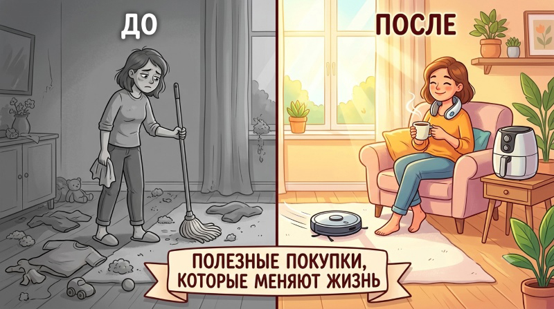 Иллюстрация "До и После": слева — женщина устало убирает в грязной комнате, справа — она отдыхает в чистой и уютной комнате с роботом-пылесосом и аэрогрилем на фоне.