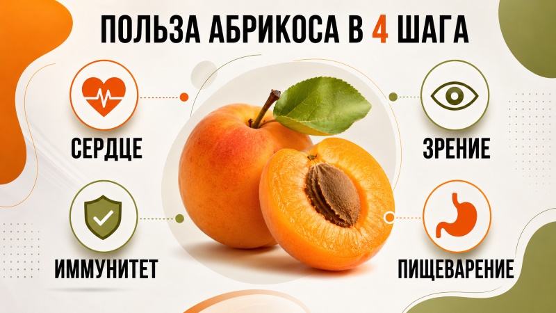 Инфографика польза абрикоса: влияние на сердце, зрение, иммунитет и пищеварение