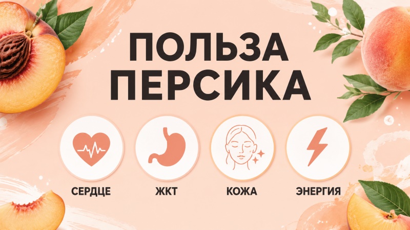 Инфографика пользы персика: сердце, ЖКТ, кожа и энергия с иконками
