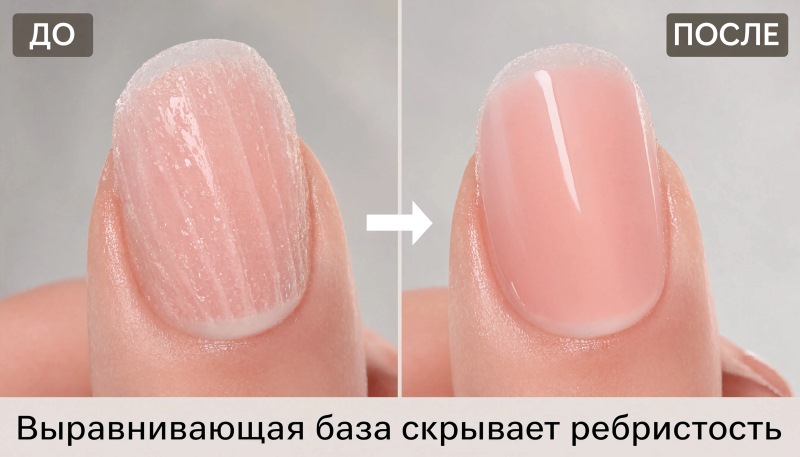 Выравнивающая база скрывает ребристость ногтей до и после