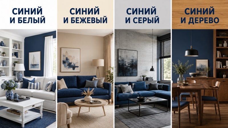 Сочетание синего с белым, бежевым, серым и деревом