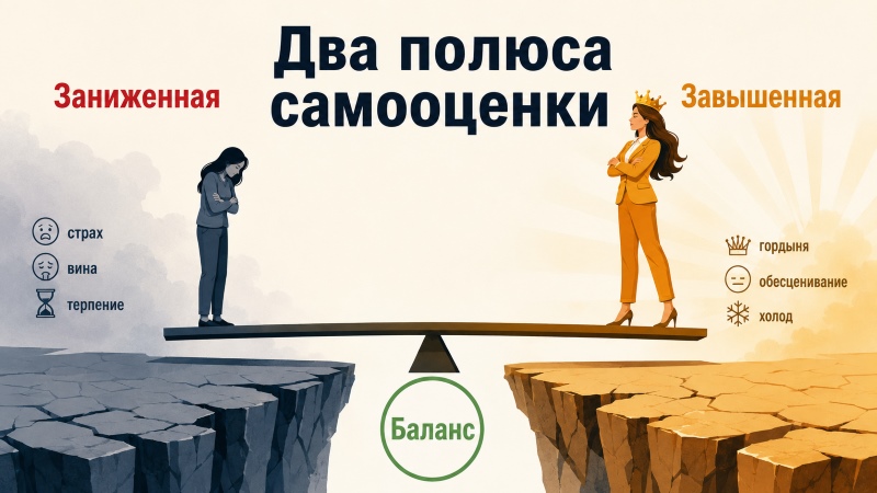 Два полюса самооценки: заниженная и завышенная на качелях баланса.