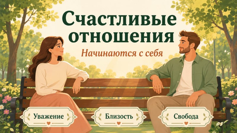 Пара на скамейке в парке, иллюстрация к статье о самооценке и отношениях