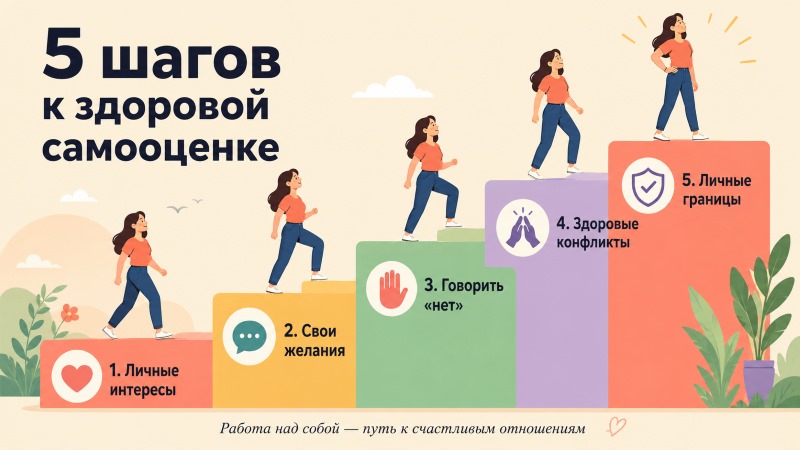 5 шагов к здоровой самооценке: иллюстрация с женщиной на ступеньках
