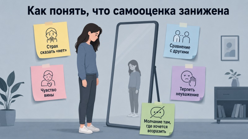 Женщина у зеркала с признаками заниженной самооценки