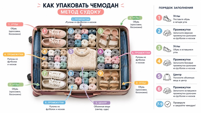 Инфографика: как упаковать чемодан методом судоку — схема укладки вещей с нумерацией и пояснениями