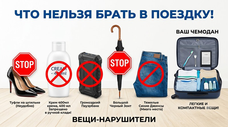 Инфографика: что нельзя брать в поездку — список запрещённых вещей с изображениями и пояснениями